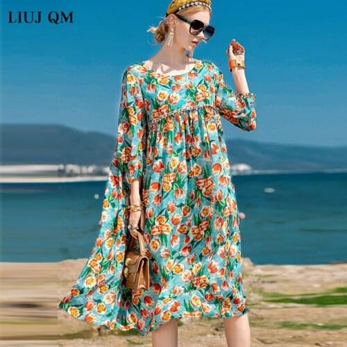 2021 Summer Chiffon Beach Dresses For Women O neck Casua Flower Print Dresses Knee length Fashion Elegant Dress Ladies Sundress