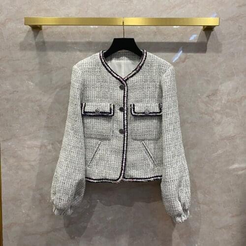 Europe Fashion womens Designer High quality 100%Silk lining lantern sleeves O-neck Plaid Tweed coat C833