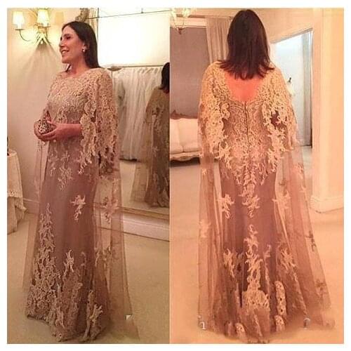 Hot Vintage Mother Of The Bride Dresses Jewel Neck Lace Appliques With Cape Sheath Long Plus Size Party Dress Wedding Guest Gown