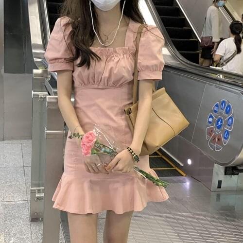 Vintage Korean Woman Dress Sweet Puff Sleeve Slim Square Collar Folds A-line Mini Ruffle Dresses for Women Summer 2021 Vestidos