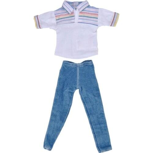 1set 1/6 Doll Clothes White Rainbow Polo Shirt & Jeans Pants For Ken Doll Clothes For Barbies Boyfriend Ken Prince Boy Doll Toy