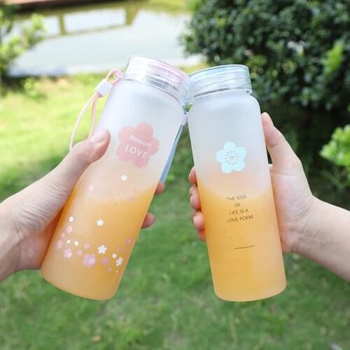 480ml Creative Sakura Frosted Glass Water Bottle Sport Portable Transparent Bottles Summer Fashion Lovely Camping Tour Drinkware