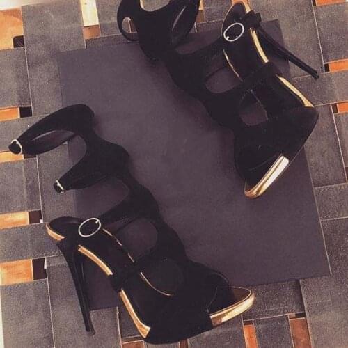 Black Suede Patchwork Cutout Strap Buckle Sandals Woman Gladiator Peep Toe Fashion Sandals Bottine Shoes