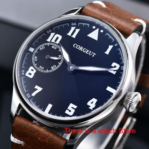 Corgeut 44mm Watch Men 17 Jewels Hand Winding 6497 Movement Luminous Waterproof Mechanical Wristwatches Leather Strap