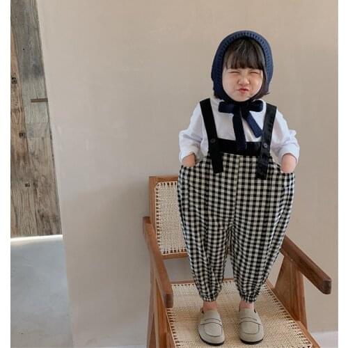 2021 Korean Version Of Childrens Overalls Autumn New Loose Plaid Carrot Pants Washed Cotton Boys And Girls Trousers Jumpsuit