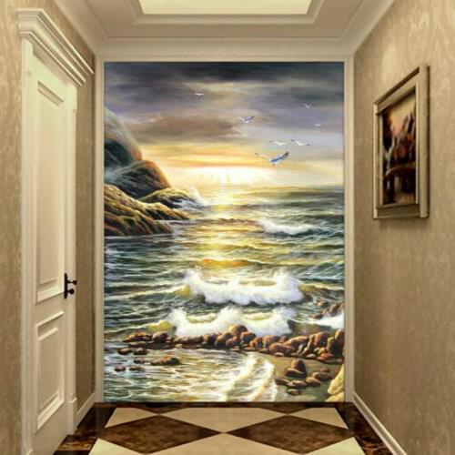 European sea landscape oil painting entrance Wallpaper for Living Room Home Improvement Wallpaper Background Mural Silk Paper