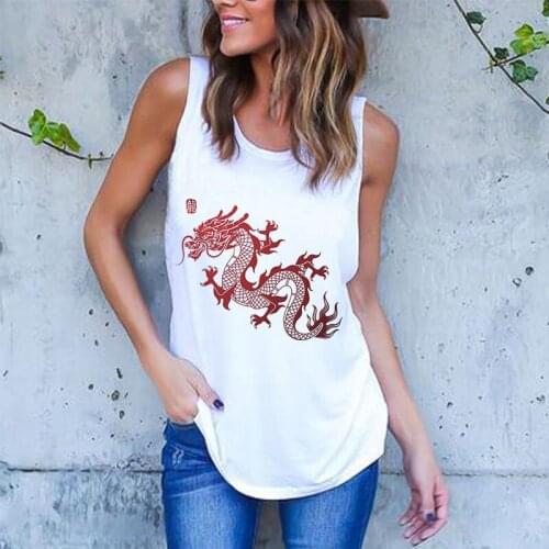 New Summer 2021 Fashion Kawaii Dragon Print Pattern White Casual Sleeveless T-shirt Streetwear Crop Tops Loose Women Clothing