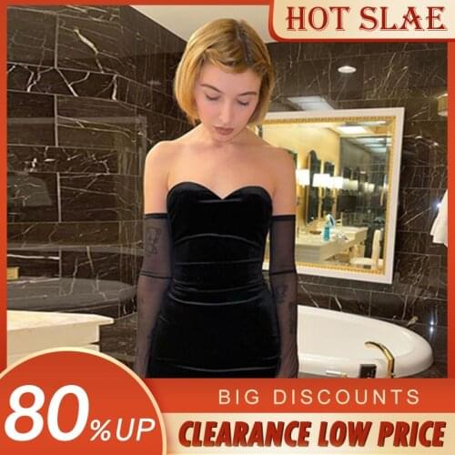 Gothic Woman Dress Sexy Black Strapless Velvet Female Dress Mini EGirl Off Shoulder Mesh Sleeve Aesthetics Dress Party Club 2021