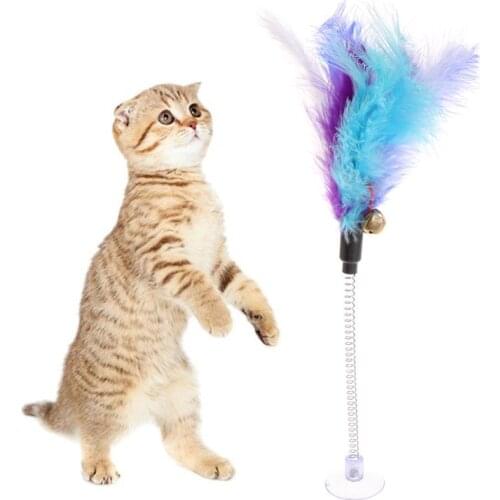 Cat Toys Feather Stick Spring Suction Cup Pet Teaser Funny Interactive Wand Bell