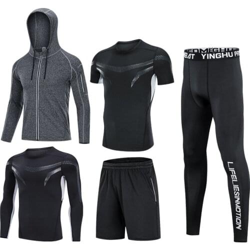 Fitness Clothing Running Jogging Suits Exercise Workout 5pcs / Set Mens Tracksuit Compression Sports Wear for Men Gym Training