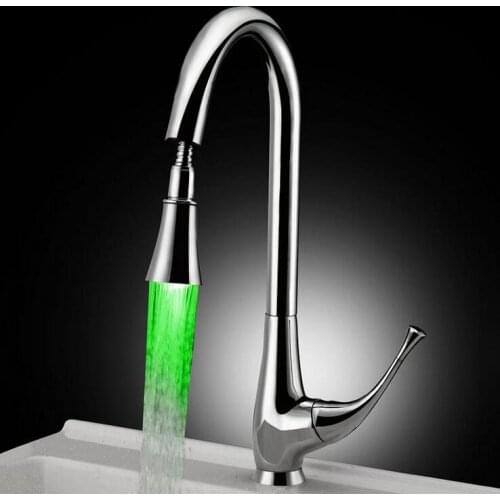 Kitchen LED faucet mixer tap hot and cold, Rotated kitchen sink basin faucet pull down,Copper stretch dish basin LED faucet lamp