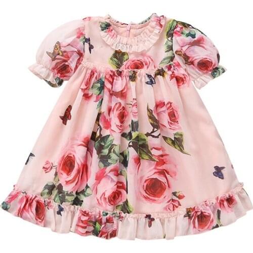 Girls Summer Rose Flower Short Sleeve Princess Skirt Baby Dress