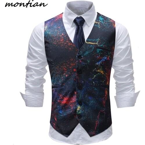 Fashion Wedding Party Suit Vest MenSpace Galaxy Print Slim Sleeveless Waistcoat Men Dress Vests Chalecos Para Hombre fancy vest