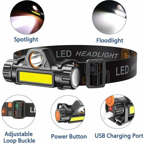 Headlamp Head Lamp Headlight Waterproof 2500lm Cob Led Built in Usb Rechargeable 18650 Battery Working Light 5w