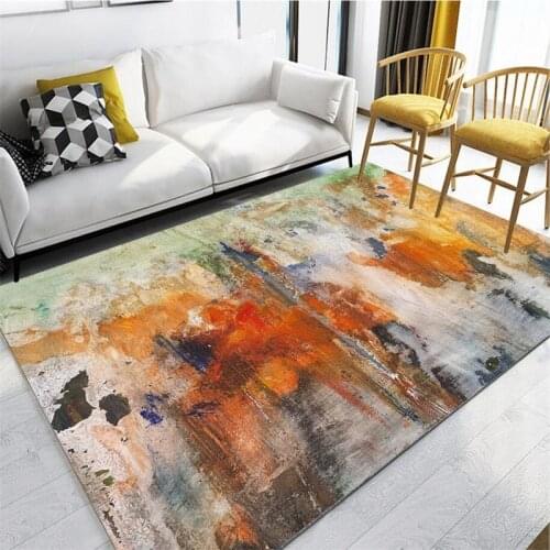 Nordic watercolor orange ink abstract oil painting short crystal velvet bedroom living room floor mat carpet customization