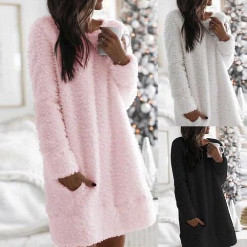 2020 Women Autumn Winter Solid Color Long Sleeve Pocket Plush Mini Loose Warm Dress Womens clothing женское платье vestidos