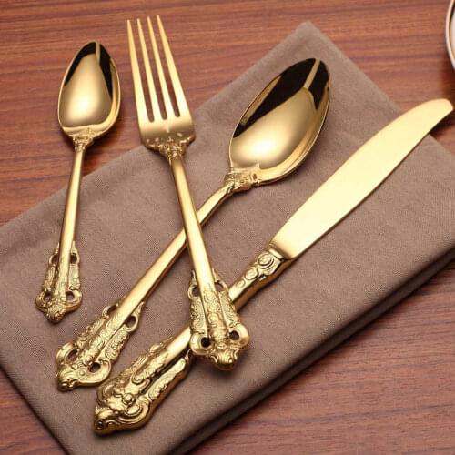 Court Banquet Western Tableware 304 Stainless Steel Knife and Forks Set Golden Relief Steak Knife and Fork Dinnerware Set