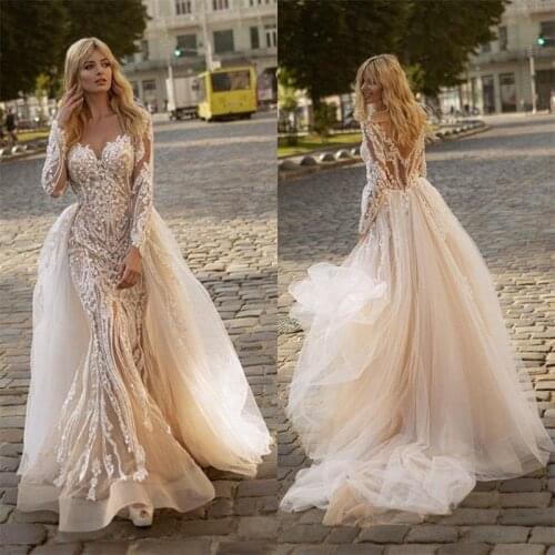 New Arrival Mermaid Wedding Dresses With Detachable Train Appliqued Lace Bridal Dress Long Sleeves Custom Made Gorgeous Robes De