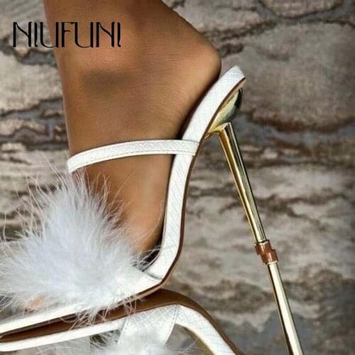 Pointed Rabbit Fur Pumps Ladies Sandals Size 35-42 Metal Plating Stiletto Hollow Slip-On Slippers Women Shoes Sexy Summer Simple
