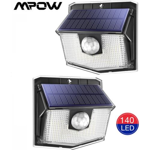 2 Pack MPOW 140 LEDs Solar Outdoor Light IPX7 Waterproof Super Bright Wireless Motion Sensor Lamp with 3 Lighting Mode Wall Lamp