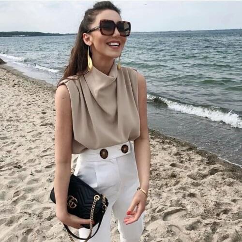 2021 New Women Tops Pleated Sleeveless High Neck pullover Casual Woman Tops Femme T- shirts Ropa Mujer