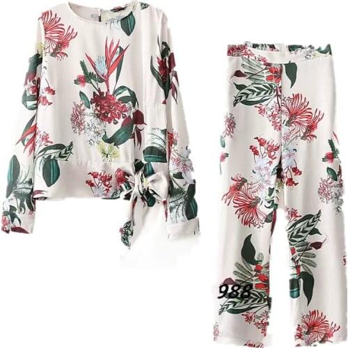 Womens Suit Summer New Casual Fashion Print Lace Top + High Waist Elastic Waist Floral Print Casual Pants Set Two Piece Women