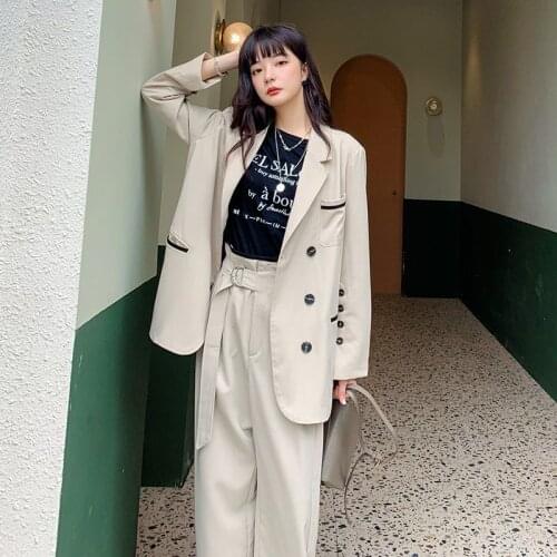Korean Loose 2 Piece Outfits for Women Long Sleeve Solid Blazer With Belted Pants Casual Business Sets Womens Office Suit