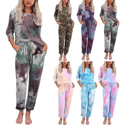 Womens Autumn And Winter Tie Dye Printed Two Piece Set Long Sleeve And Trousers Split Pajamas tracksuit