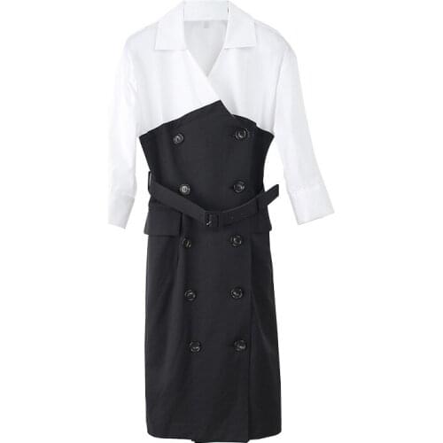 2021 Korean Version Seven Minute Sleeve Tie Double Breasted Fashion Black And White Color Buttock Temperament Professional Dress