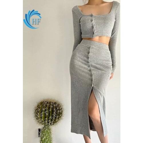 Long Sleeve Top Button Top High-waist Dress Solid Pantsuit Sexy Dress Evening Dress 2-piece Suit Womens Summer Skirt/Blouse Set