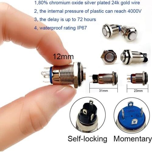 12mm Metal Button Switch Reset Latching Ring 3V 5V 6V 12V 24V 48V 110V 220V Momentary Self-lock Waterproof Car Auto Engine