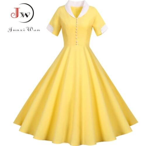 2021 Women Vintage Slim Summer Dress Solid Yellow Short Sleeve High Waist Elegant Office Party Midi Sundress Classic Robe Femme