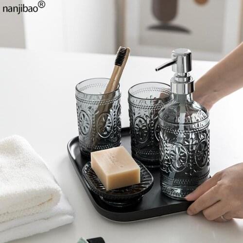 Bathroom Accessories Toiletries Nordic Bathroom Brush Cup Glass Soap Bathroom Five-Piece Holder Press Lotion Dispenser Containe