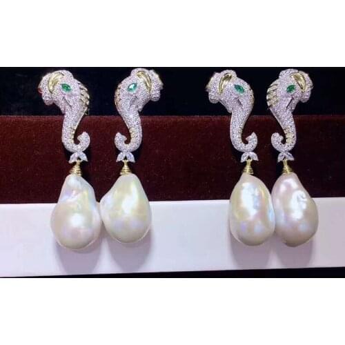 White Keshi Pearl Earrings CZ Pave Silver Stud Elephant Stud