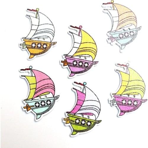 50pcs Mixed 32mm Sailboat Wooden Buttons For Clothes Needlework Scrapbooking Crafts Diy Sewing Accessories Wood Decoration