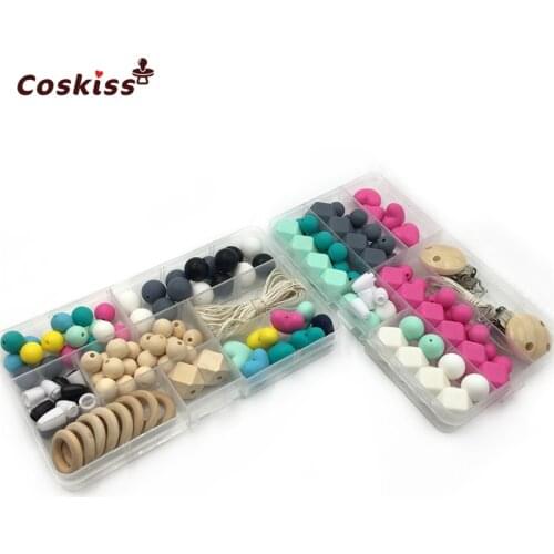 Baby Teether Toy 2pcs Silicone Teething Kit Geometric Hexagon Silicone Heart-Shaped Beads Wooden Ring DIY Baby Nursing Necklace