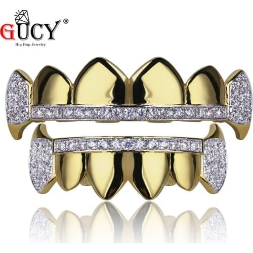GUCY Gold Hip Hop Teeth Grillz Micro Pave Cubic Zircon Top&Bottom Vampire Fangs Teeth Grills Set Halloween Gift For Men Women
