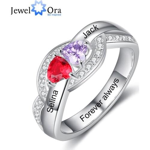 JewelOra 925 Sterling Silver Personalized Engraving Rings for Women Custom 2 Birthstones Promise Engagement Ring Gifts for Her
