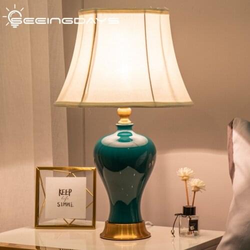SeeingDays American Style Ceramic Table Lamp Retro For Living Room Study Home Decorative Bedroom Bedside Lamp Remote Control