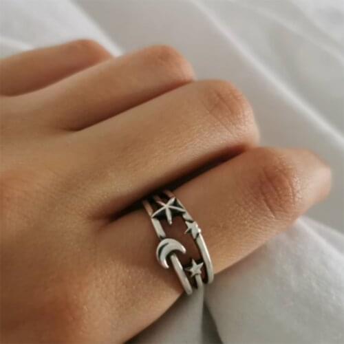 Moon Star Ring, Thick Band Ring, Chunky Statement Ring, Witch Adjustable, Gifts for Her Sturdy Wrap Crescent Wedding Stacking