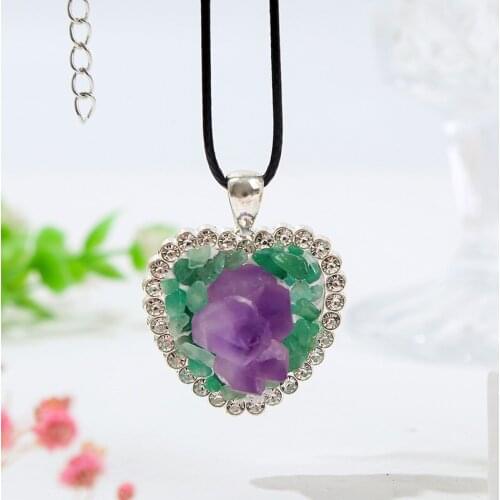 Fashion Natural Irregular Purple Green Stone Heart Necklaces & Pendants For Women Black Rope Chain Necklace Party Jewelry Gift