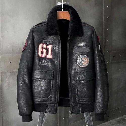 2020 New Mens Sheepskin Shearling Jacket Flight Jacket Black Leather Jacket Mens Winter Coats Short Fur Coat Embroidered Jacket
