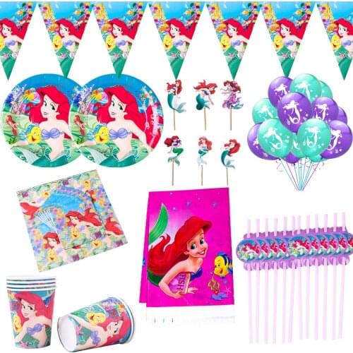 105Pcs The Little Mermaid Ariel Princess Disposable Tableware Set Paper Plates Straws Girls Birthday Decorations Baby Shower
