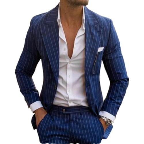 2020 New Mens Pinstripe Suits Two Pieces Pinstripe Tuxedos Slim Fit Peaked Lapel Groomsmen Suits For Wedding (Blazer+Pants)