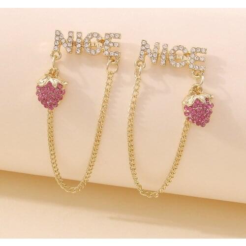 New Cute Small Rhinestone Strawberry Earrings for Women Girl Nice Letter Gold Link Chain Fruit Earrings Summer Holiday Party
