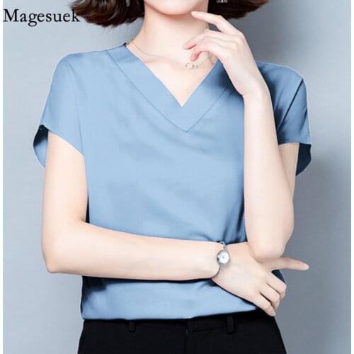 Solid V-neck Short Sleeve Satin Woman Blouses Summer 2021 Loose Casual Silk Shirt Plus Size M-4XL Office Lady Tops Clothes 10297