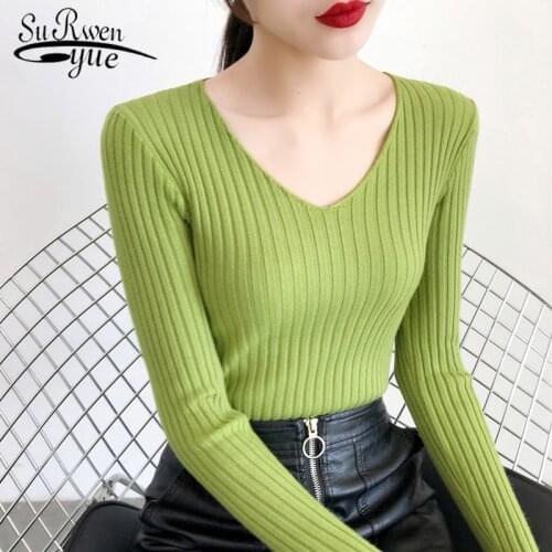 Autumn V Neck Sweater Women Long Sleeve Knitwear Sweater Elastic Knitted Pullover Soft Slim Jumper Winter Clothes Women 10431