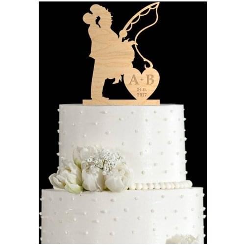 Fishing wedding cake topper with initial , mr mrs, bride and groom topper