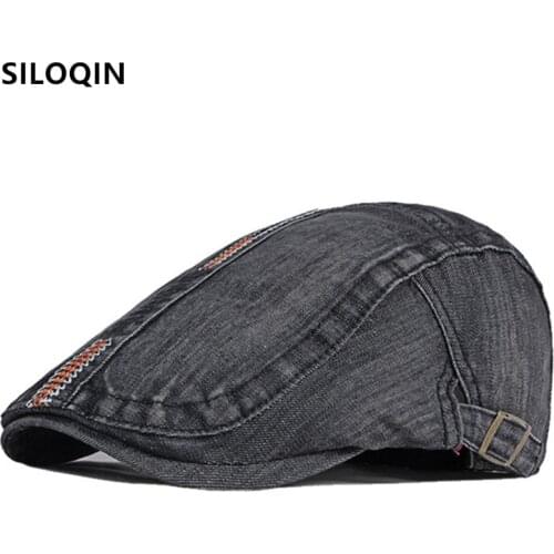 SILOQIN Snapback Cap Mens Washed Denim Berets Autumn Retro Personality Embroidery Tongue Adjustable Size Womens Decorative Hat