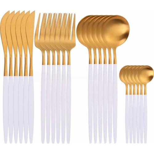 Stainless Steel Cutlery Set 24 Piece Kitchen Tableware Fork Spoon Knive Set Dinnerware Dinner Set White and Gold Matte Flatware